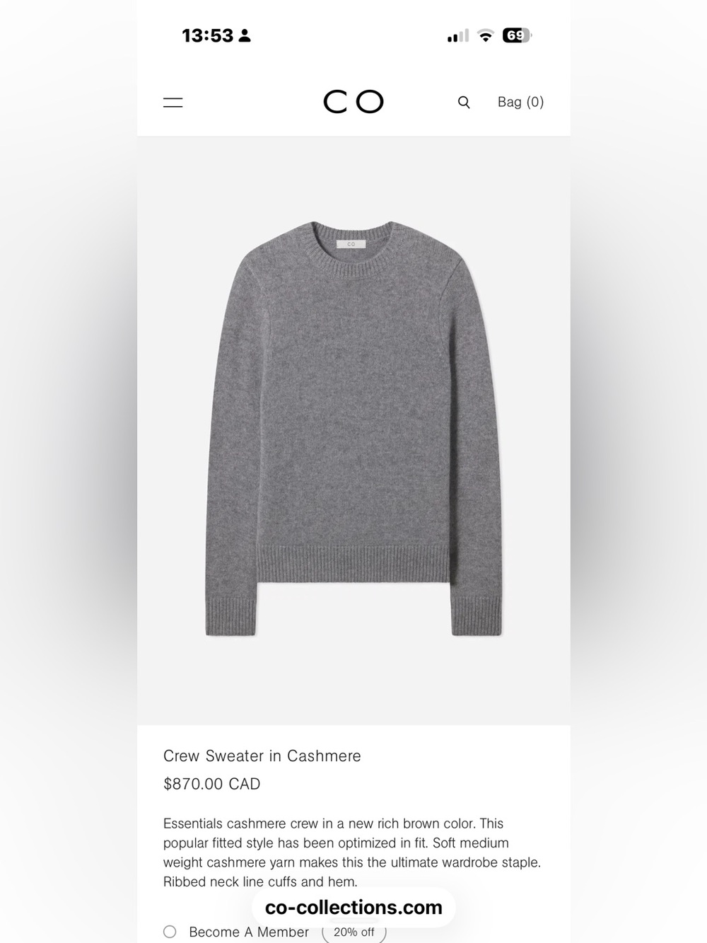 Final Price- No Offers! Co Collection Gray Crew Sweater in Thick Cashmere-Size S